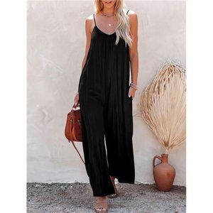 Loose Casual Sleeveless Spaghetti Strap Stretchy Wide Leg Rompers with Pockets